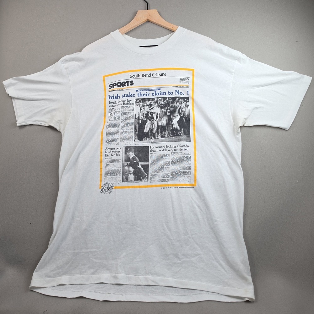 Vintage 1990 Notre Dame Orange Bowl South Bend Tribune Single Stitch Tee XXL 90s